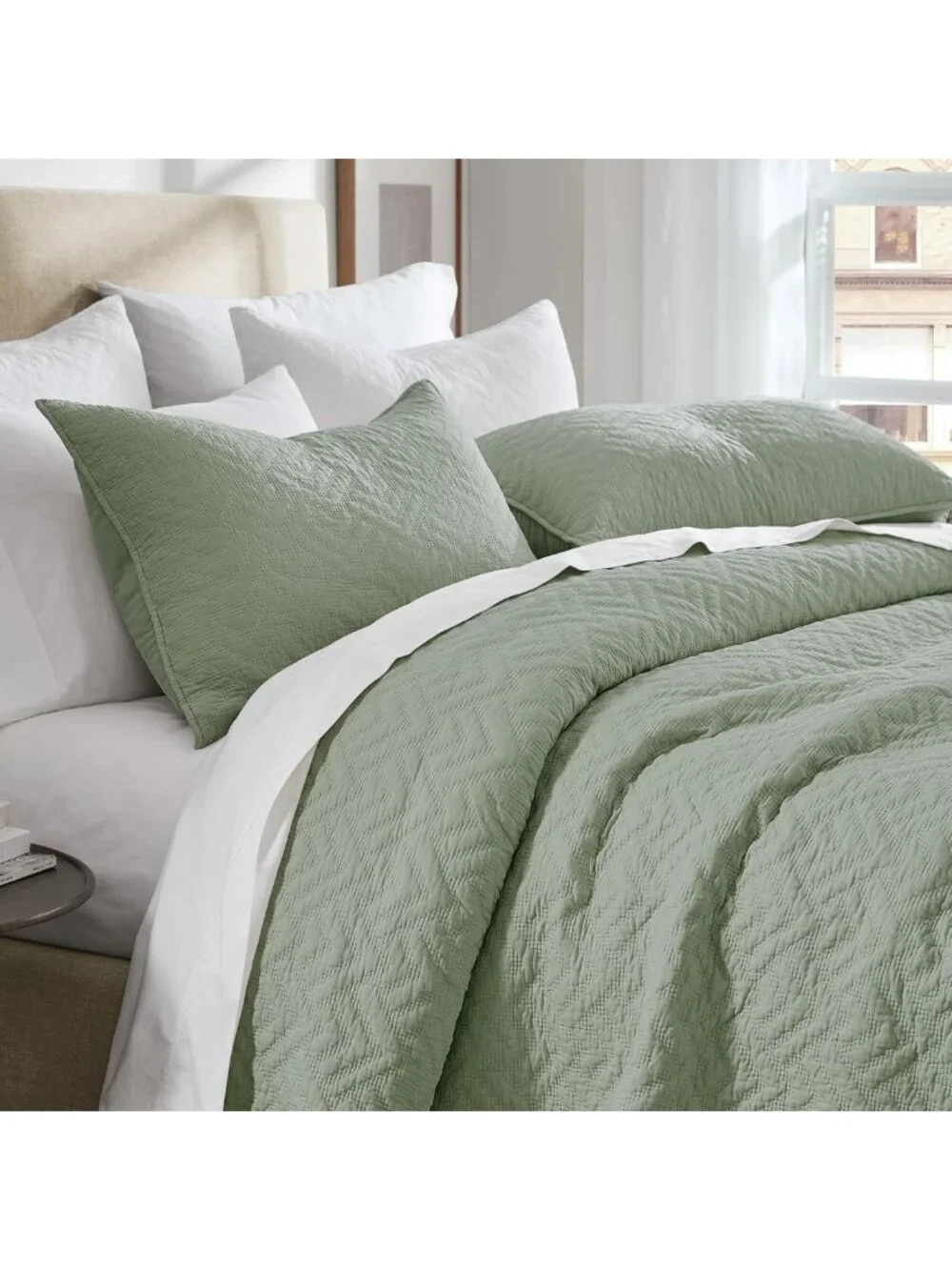 Sage Green 100% Cotton Textured Bedding Set, Cal King Size, 3 Pieces + 2 Pillow